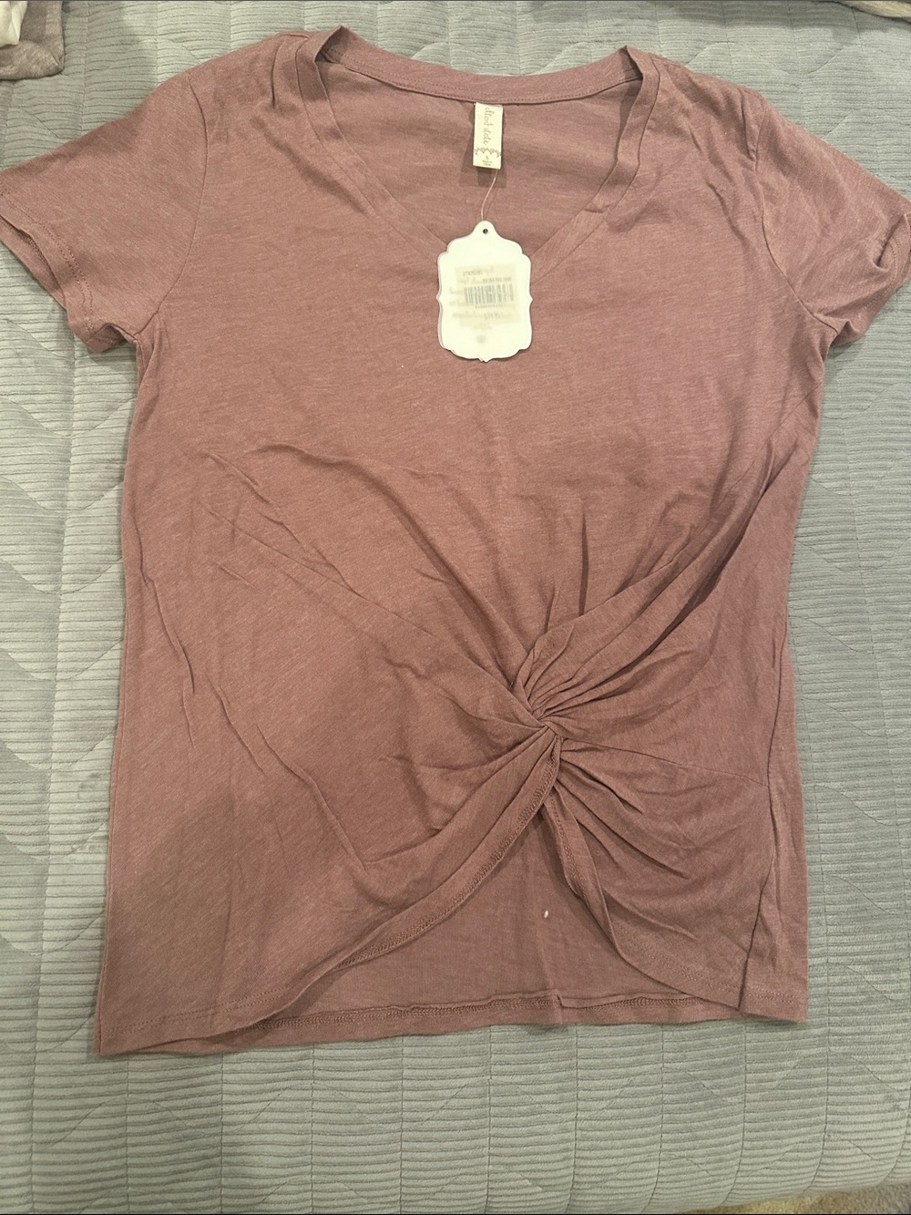 Altar'd State Mauve Knit V-Neck Knot Front Tee